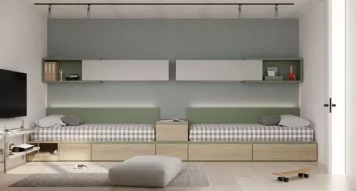 Dormitorio juvenil doble con camas modulares y estanterías