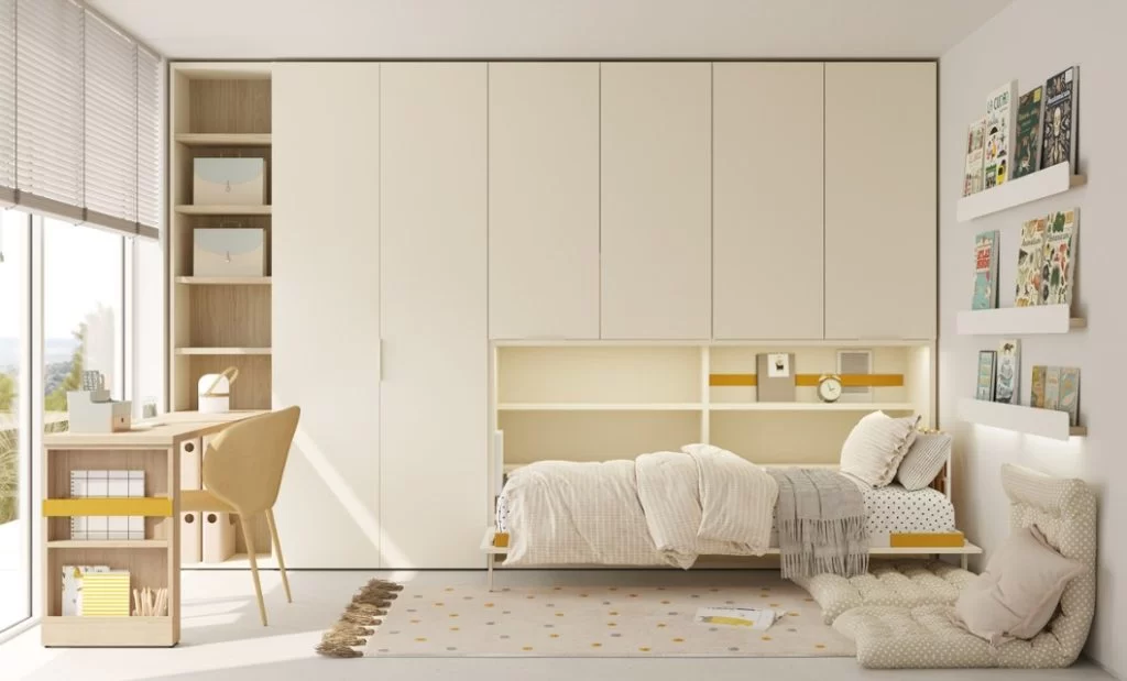 Dormitorio juvenil moderno con armario a medida en acabado Ivory y Frida, cama abatible vertical integrada y escritorio plegable de jotajotape